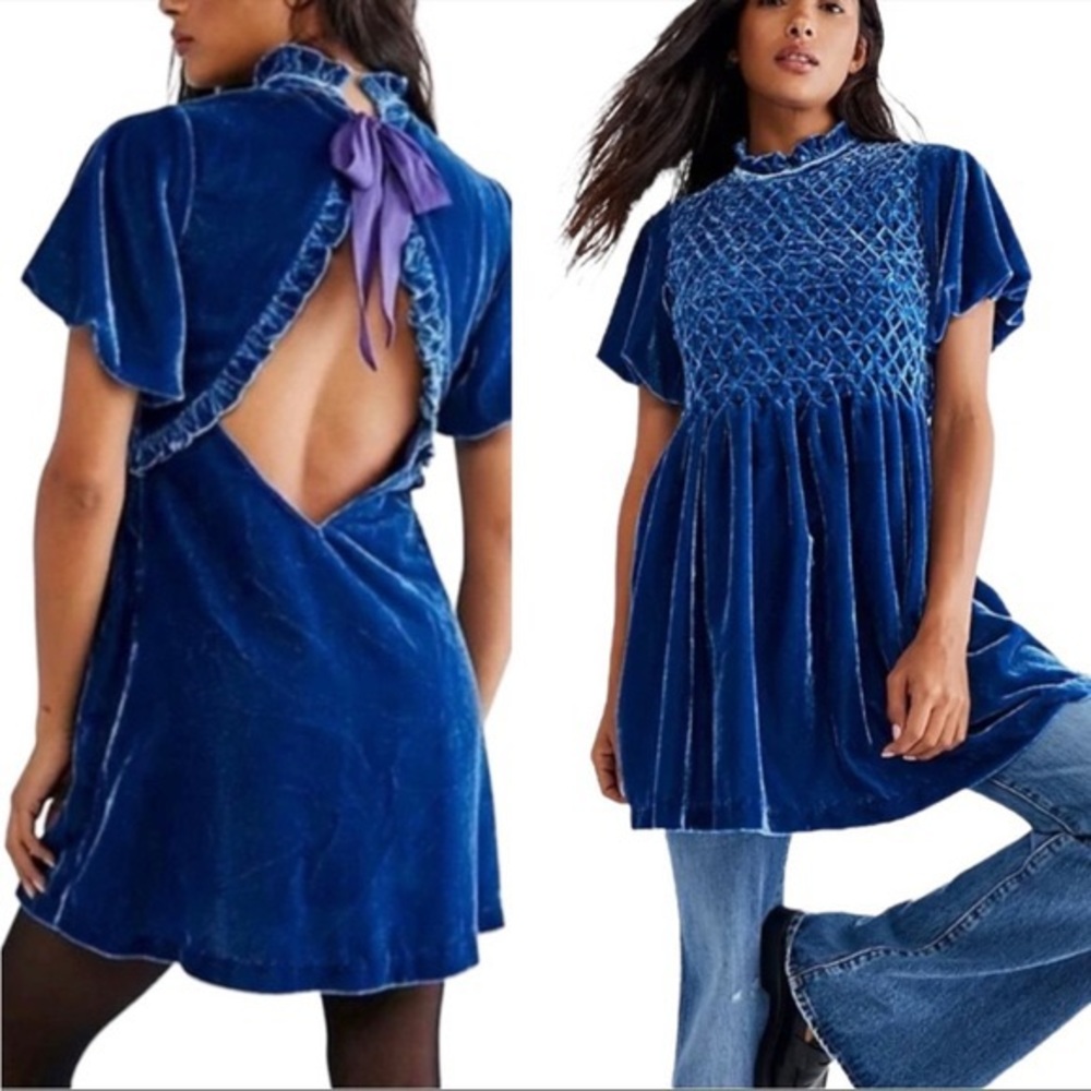 Free People Velvet Smocked Mini Dress in Deep Blue with Purple Bow